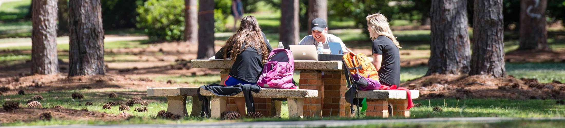 学生在校园户外的桌子上学习.